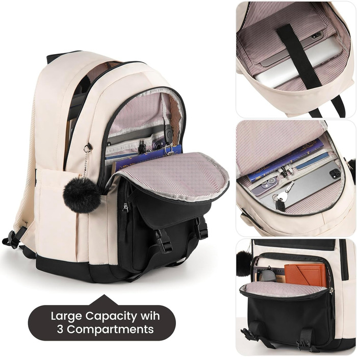 Жіночий рюкзак MOMUVO для підлітків та жінок, для ноутбука 15.6' | Коледжний рюкзак для школярок та студенток (Чорний, Бежевий)