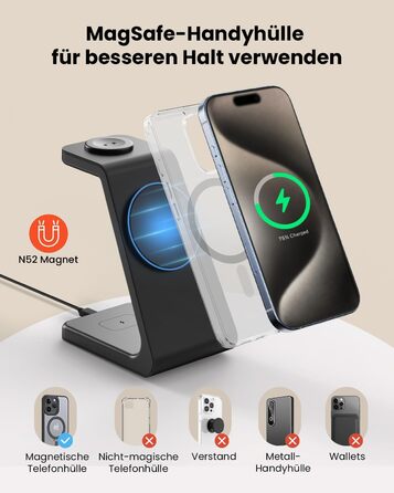 Зарядний пристрій GEEKERA 3 в 1 з підтримкою Qi2, 15W, для iPhone, Apple Watch, AirPods, чорний