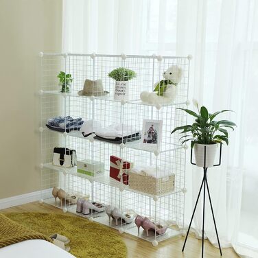 SONGMICS Storage Shelf, 16 Cube Storage System made of Metal Wire, DIY, Modular Grid Shelf, with Wire Frame, LPI44H (White)