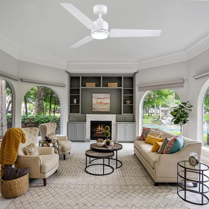 Стеля вентилятор Newday 122см з підсвічуванням та пультом керування, тихий, DC мотор, реверс для спальні/вітальні (білий, дерево)