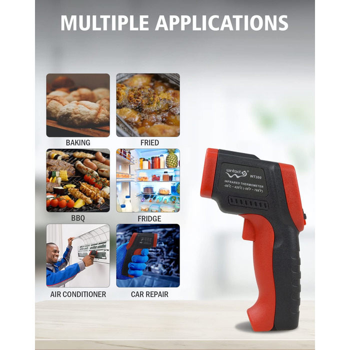 Інфрачервоний термометр Wintact з лазерним цільовим вказівником -50°C to 550°C, безконтактний, для кухні, піци, м'яса, промисловості (WT300)
