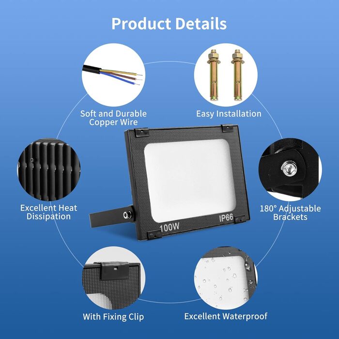 Viugreum 2 Pack 100W LED Flood Lights Outdoor 8000LM Outdoor Floodlight IP65 Outdoor Spotlight 5000K Floodlight Cold White Spotlight Floodlight with 50cm Cable for Backyard Driveway Garage Hallway