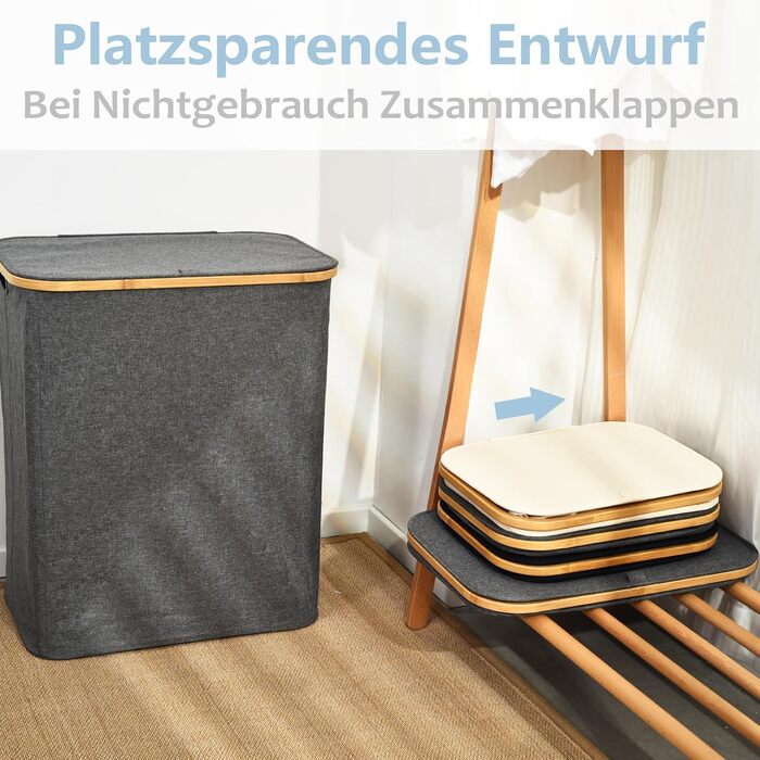 ROSOS Laundry Basket with Lid, 145L Foldable Laundry Basket with 2 Compartments and Removable Laundry Bag, Laundry Collector with Lid & Bamboo Handle, Waterproof Laundry Box with Lid, Grey