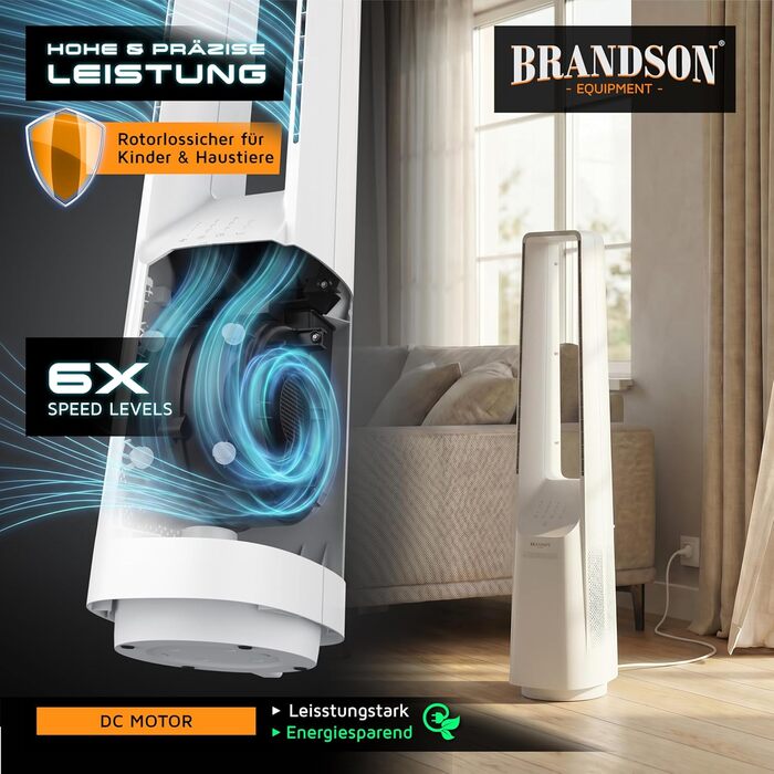 Вентилятор підлоговий безлопатевий Brandson ECO Line – тихий, з пультом, 6 швидкостей, режим сну, білий