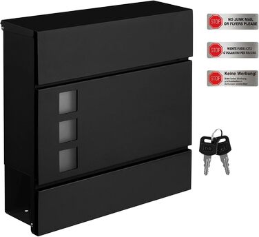 Поштовий ящик SONGMICS XXL з газетницею, чорний, 37x37x10.5 см, з ключем, вікном, захистом від реклами, для дому та саду