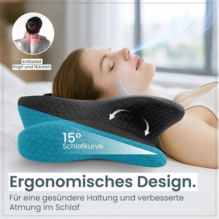 Ортопедична подушка для шиї при болях у шиї з високоякісної піни з пам'яті - Ергономічна подушка для шиї - Подушка для сну на боці, спині та животі - Праний чохол при 40°C (61 x 40 x12, Сірий)