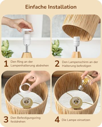 EDISHINE Настільна лампа з ручним плетінням, тепле світло 2700K, з дерев'яною підставкою, Boho стиль, для спальні, вітальні, готелю, з LED лампою E27 4W (рафія)