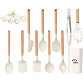 Набір кухонних помічників 12 шт. з силікону з дерев'яними ручками: лопатки, ложки, щипці. Кухонне приладдя, стійке до високих температур, антипригарне покриття.
