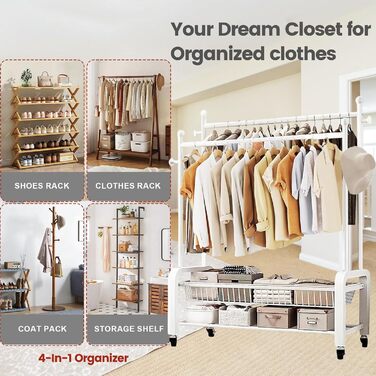 Стійка для одягу на колесах, двоярусна, з двома перекладинами (біла)