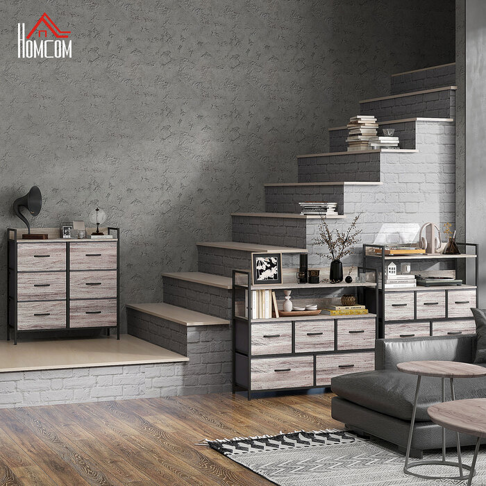 HOMCOM 6-Drawer Fabric Storage Chest of Drawers, Storage Cabinet, Dresser-Style Unit with Wood-Look Finish, Handles, Steel Frame, Industrial Design Sideboard for Living Room - Grey | Aosom