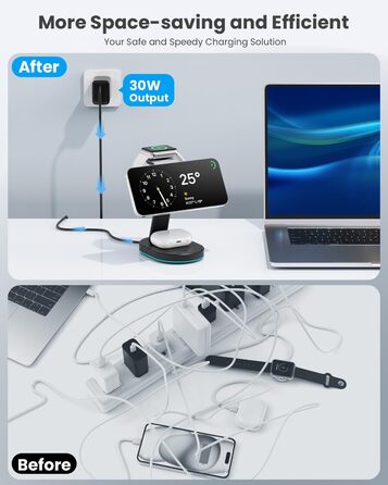 Бездротова зарядка 3-в-1 з MagSafe, USB-C та нічником для iPhone 16/15/14/13/12, Apple Watch та AirPods, A-Schwarz