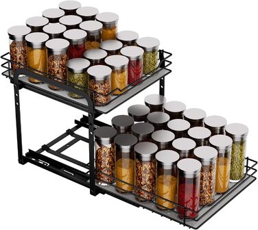 Pull-out Spice Rack, Cabinet Organizer for Kitchen, 2-Tier Spice Storage, Upper and lower baskets can be pulled out independently, Height adjustable for most kitchen cabinets