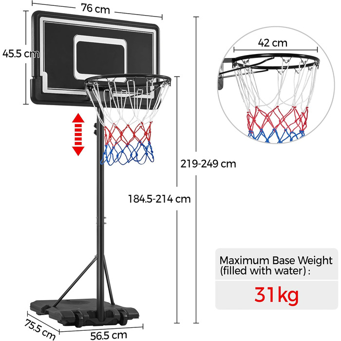Yaheetech Adjustable Height Mobile Basketball Hoop Stand with Wheels - Indoor/Outdoor Basketball System