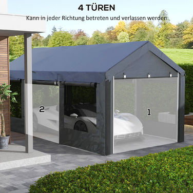 Outsunny Carport 6x3m Party Tent Adjustable Height Car Garage with 4 Mesh Windows and 4 Doors for Cars and Trucks Made of Steel