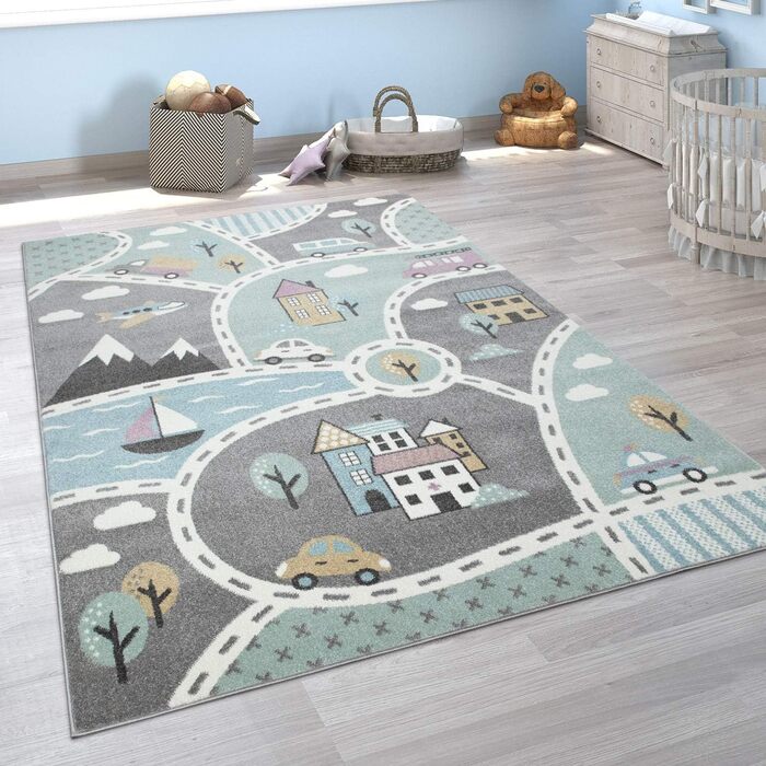 Paco Home Kids' Rug with Street Motif, Play Rug for Children's Room, in Green Grey, Size: 200x280 cm 200x280 cm Green