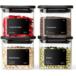 Скляні банки для зберігання KIVY, чорні, 4 шт по 400 мл, з кришкою, повітряно-щільні