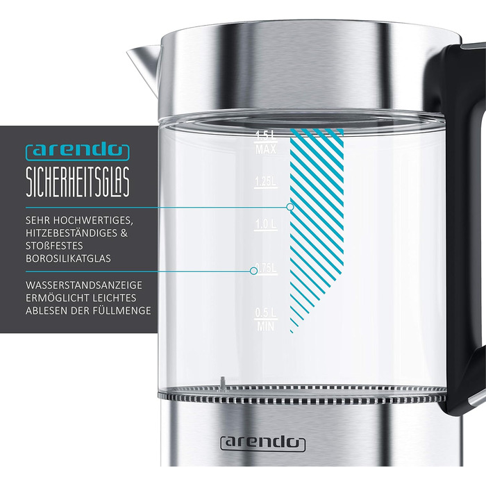 Електричний чайник Arendo з регулюванням температури, підтриманням тепла 30 хв, об'єм 1,5 л, скло Borosilikat, база з нержавіючої сталі, сучасний дизайн