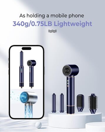 Airstyler 5 в 1: Фен-щітка з іонізацією, 20 м/с, 110 000 об/хв, для створення локонів та випрямлення, легкий, тихий, швидке сушіння, блакитний