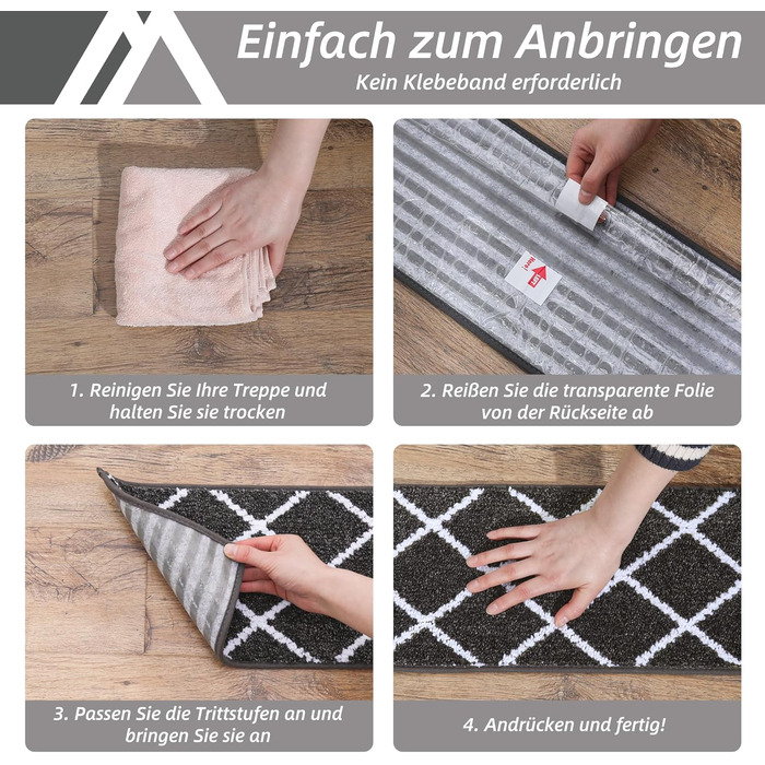 Комплект килимків для сходів COSY HOMEER (15 шт.), 70 x 22 см, антиковзаючі, самоклеючі, машинне прання, 100% поліестер, TPE-підкладка, для дітей, літніх людей та домашніх тварин, чорно-білі