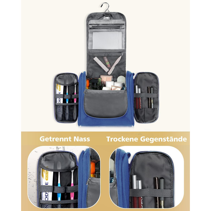 Чоловіча та жіноча косметичка для подорожей, водонепроникна, з гачком для підвішування, компактна, органайзер для косметики (Блакитна)