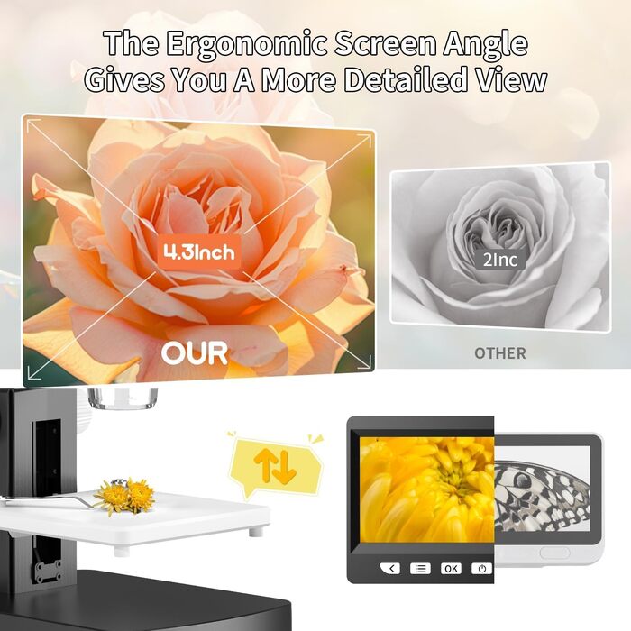 Цифровий мікроскоп AOPICK з LCD екраном, роздільна здатність 50X-500X, 4.3-дюймовий 1080P USB мікроскоп з 8 регульованими LED-лампами, для ПК, дорослих/дітей, сумісний з MacOS Windows (темно-сірий)