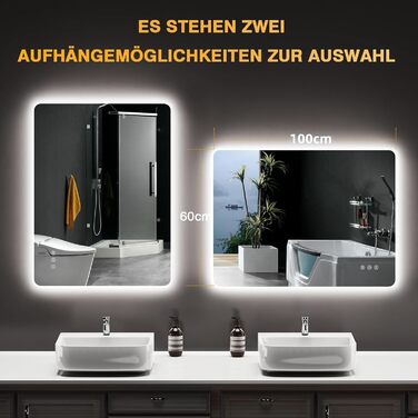 Дзеркало для ванної кімнати з підсвічуванням LED, 100x60 см, 3 кольори світла, регулювання яскравості, пам'ять, сенсорне управління, IP44, захист від вологи