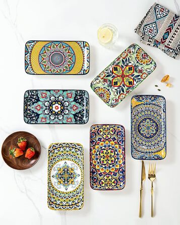 Сервіровочні тарілки HENXFEN з порцеляни, 10 дюймів, набір прямокутних тарілок для салату, закусок, сашимі, богемний квітковий дизайн у 6 яскравих кольорах