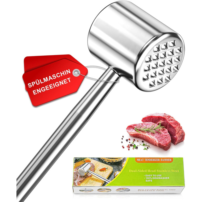 Клобак для м'яса HOOMIL, двосторонній антипригарний, для шніцелів та стейків, з нержавіючої сталі, з неслизькою ручкою