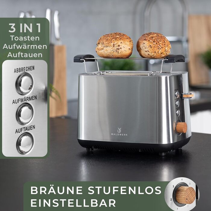 WALDWERK Design Toaster - made from 304 stainless steel and oak wood - for 2 slices - with bagel attachment - with extra wide and deep toasting chambers - with crumb tray Toaster stainless steel and wood