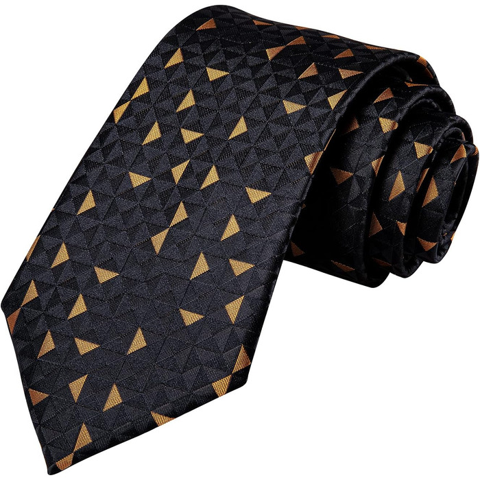 Чоловіча краватка Hi-Tie класична в клітку (чорно-золота) + запонки та нагрудна хустка - комплект