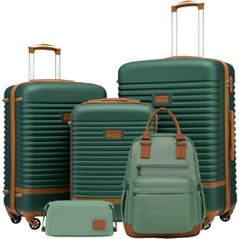 COOLIFE Suitcase Trolley Luggage Travel Suitcase made of ABS Hard Shell Trolley with 4 Wheels and TSA Lock. The suitcase includes 1 Travel Backpack and 1 Toiletry Bag (White/Brown, Large 3-Piece Suitcase Set) (5-Piece Suitcase Set, Dark Green/Brown)