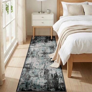 Килимок-доріжка 60 x 180 см, неслизький, з коротким ворсом, для кухні, миється, складається, абстрактний дизайн, синьо-чорний колір, підходить для входу, кухні, вітальні та офісу