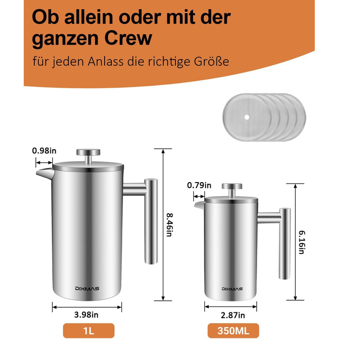 Френч-прес 1000 мл / 8 чашок, кавоварка з нержавіючої сталі, подвійні стінки, ізольована, з фільтром - 1 літр