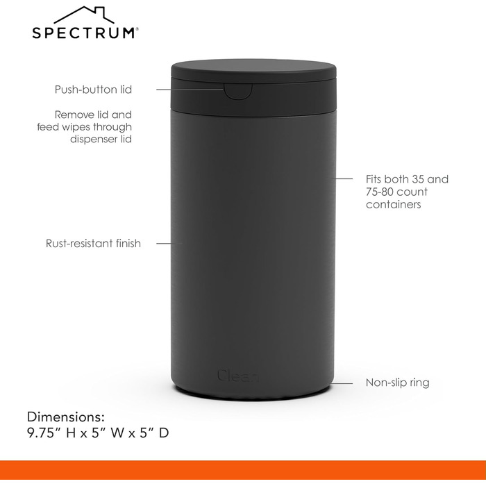Spectrum Diversified Dekorative Wet Wipe Dispenser, Refillable Wet Wipe Holder for Household Cleaning, Stylish Cleaning Cloth Holder, Alloy Steel, Black, 1 Count (Pack of 1)
