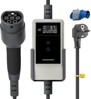 Кабель зарядки для електромобіля тип 2 Schuko 3,7kW (6-16A, 1-фазний) з LCD дисплеєм, 10м. Підходить для ID.3/4/5/7, Model Y/3, ENYAQ та інших PHEV/EV