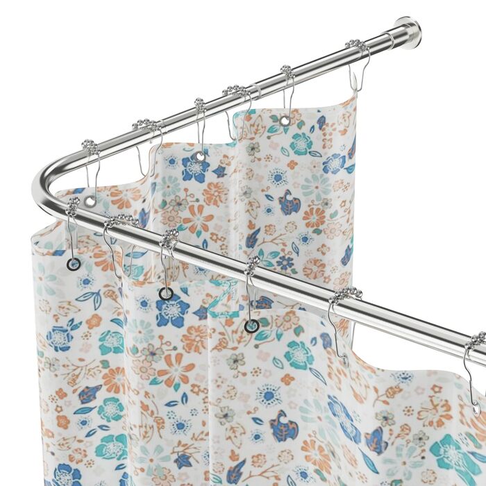 Регульована кутова штанга для душу L-Form, 68–96 см × 68–96 см, нержавіюча сталь, вологостійка та антикорозійна, з 12 кільцями та комплектом кріплень, срібна