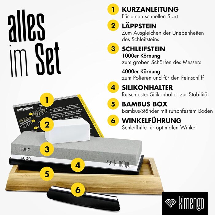 Набір для заточування ножів [PROFI SET] Schleifstein: двосторонній точильний камінь 1000/4000, підставка, eBook, точило для ножів