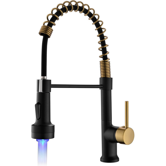 Кухонний змішувач AIMADI висувний, високого тиску, з 2 режимами (струмінь та розпилення), поворотний на 360°, однорегуляторний для кухонної мийки (з LED-підсвіткою, золотий)