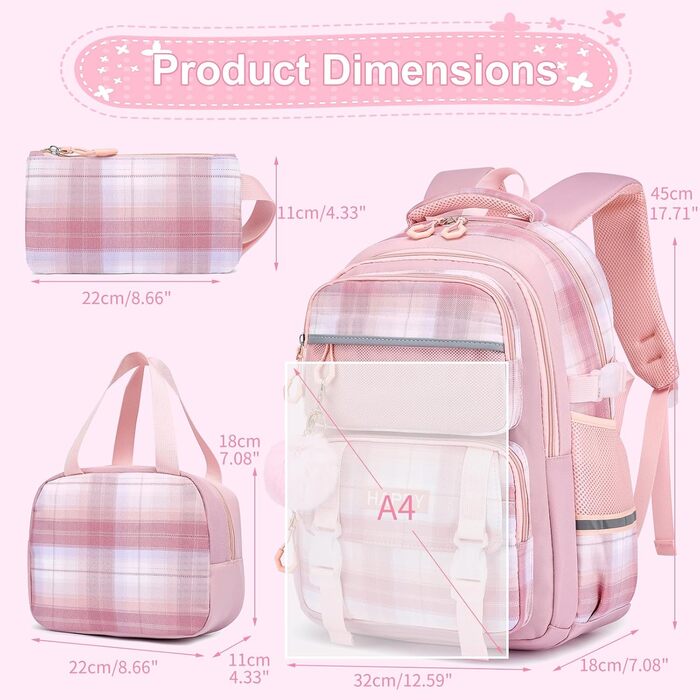 Шкільний рюкзак для дівчинки з візерунком, дихаючий та водовідштовхуючий рюкзак для 1-5 класів (рюкзак для дітей + ізольована ланч-торбинка + пенал, Рожевий)