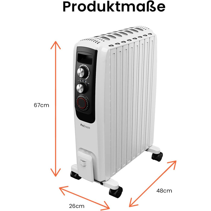 Портативний масляний радіатор Pro Breeze, 8 елементів, 2000 Вт, 3 режими нагріву, термостат, таймер, електрообігрівач
