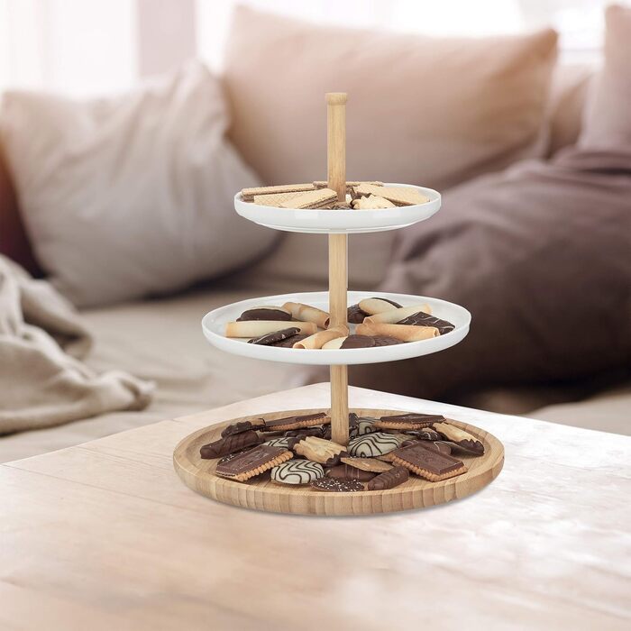 Relaxdays Bamboo and Ceramic Tiered Serving Tray, 3-Tier, DxH: 30 x 36 cm (Diameter x Height) for Cookies, Fruit, Snacks, natural white