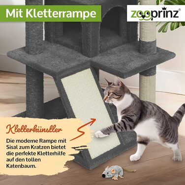 Преміум кігтеточка Zooprinz – велика XXL кігтеточка для котів, з товстими сизалевими стовпчиками, будиночком, гамаком, м'ячиками та мотузкою. Зі штучною мишкою. Когтеточка (Темно-сірий)