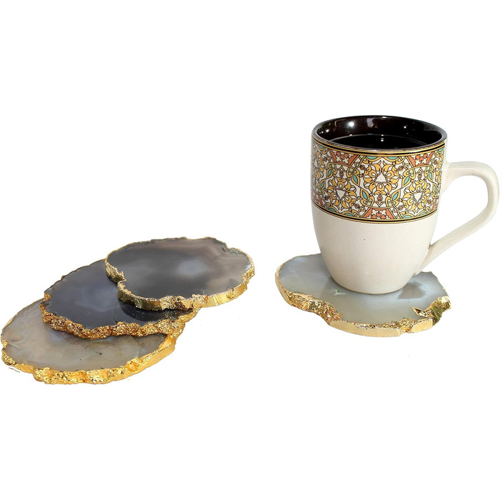 Natural agate coaster set, for bar, beer, coffee, tea, set of 4, perfect table accessory, tableware (natural gray)