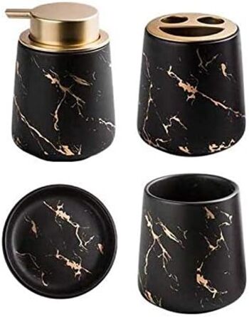 Набір для ванної кімнати з 4 предметів, кераміка, набір аксесуарів для ванної кімнати, імітація мармуру, себорегулятор, стаканчик для зубної пасти, тримач для зубних щіток, мильниця (Темно-зелений) (Чорний)