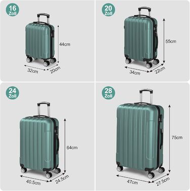 Набір валіз LEADZM 4 шт. з ABS, для подорожей, з телескопічною ручкою, ручна поклажа (Турквіс, смугастий)