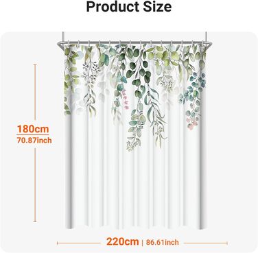 Штора для душу 200x200 см, зелені листки, антигрибкова, водовідштовхувальна, текстильна, поліестер, з кільцями (12 шт.) для ванної кімнати