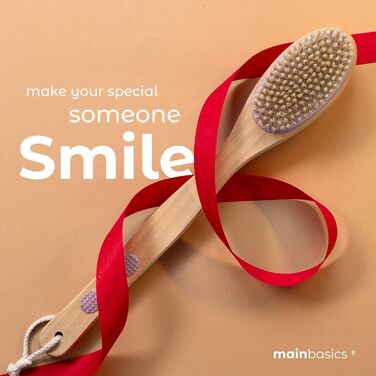 Скребок для спини MainBasics для душу - довга ручка, двостороння щітка для миття та скрабу тіла з пілінгом та м'якими щетинками (Лаванда, Дерево)