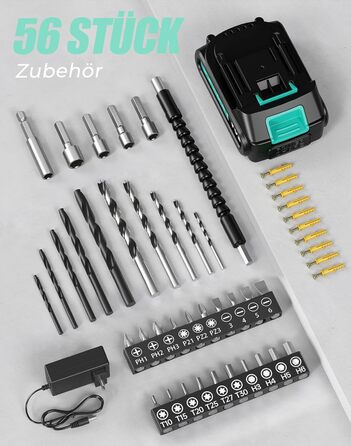 Акумуляторний шурупокрут-дрель 20V з 56 шт. насадок, 42Nm, LED-підсвічування, для дому та ремонту