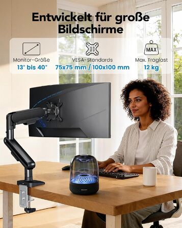 Кронштейн для монітора HUANUO NITROGLIDE™ для екранів 13-40 дюймів, настільний підвіс до 12 кг, регулювання висоти, нахилу та повороту, VESA 75x75/100x100 мм, для геймінгу та офісу