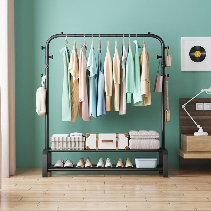 Clothes Rack, Coat Rack Stable Clothes Rail with 6 Hooks and 2 Shoe Shelf Storage Shelf, Bedroom Clothes Rack Freestanding Clothes Rail, Black